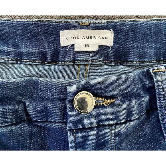 EUC Good American Sz 15/31 Blue Denim Raw Hem Dis Zebra Pkts Good Legs Jeans - Picture 7 of 14